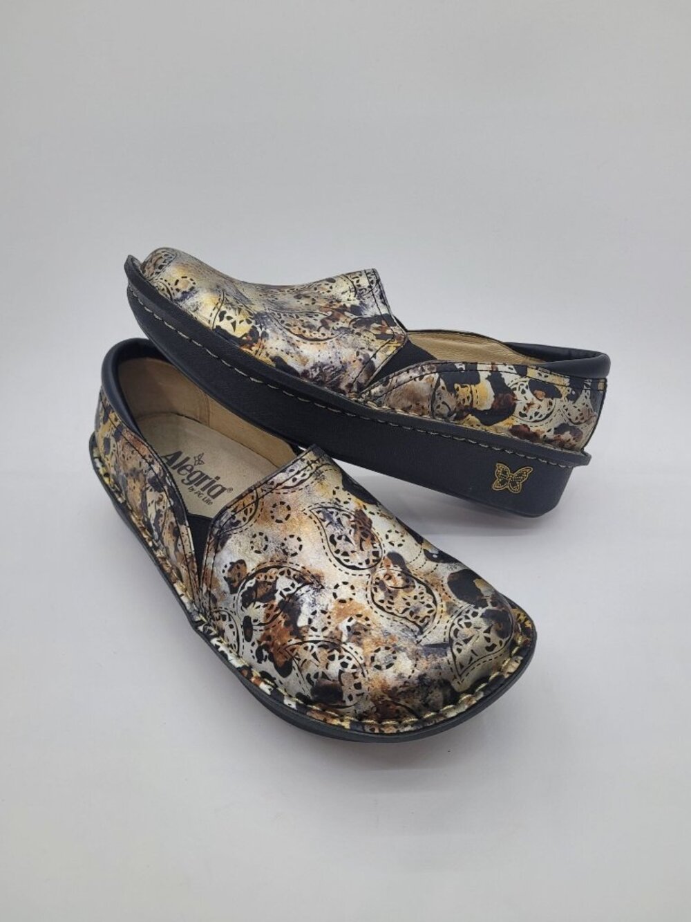 Pristine Alegria Debra Rome Leopard Metallic Patent Leather Gold Silver Size 38